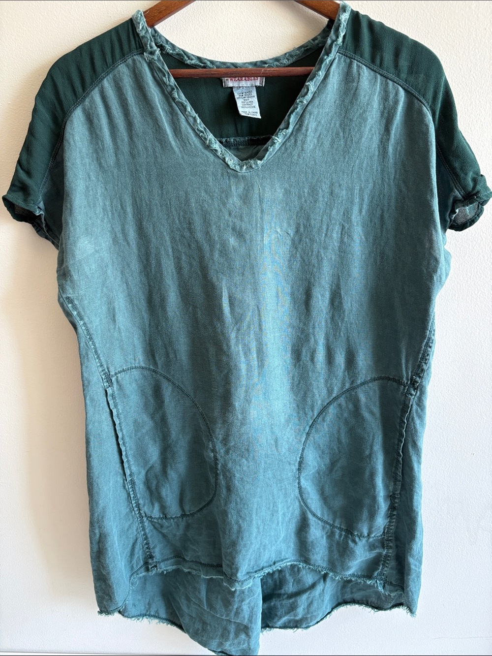 Wearables 100% Linen Blend Teal Tunic Top Raw Edge Pocket Boho